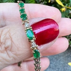 VINTAGE 10K YELLOW GOLD OVAL CUT EMERALDS & DIAMOND BRACELET UNIQUE LINK CHAIN